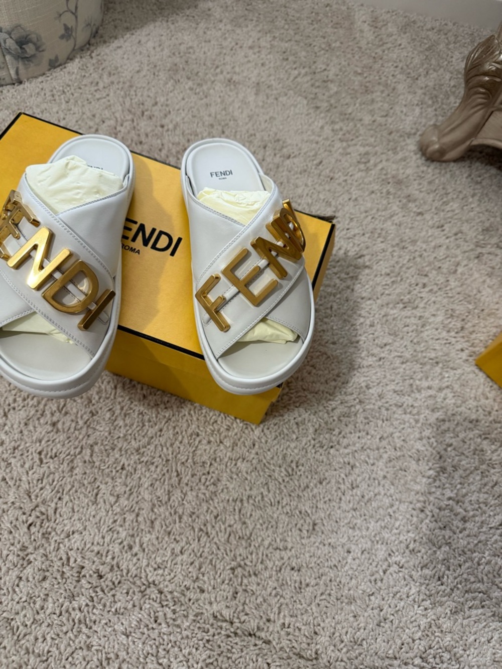 Fendi White Slide Sandals with Gold Logo Plaque